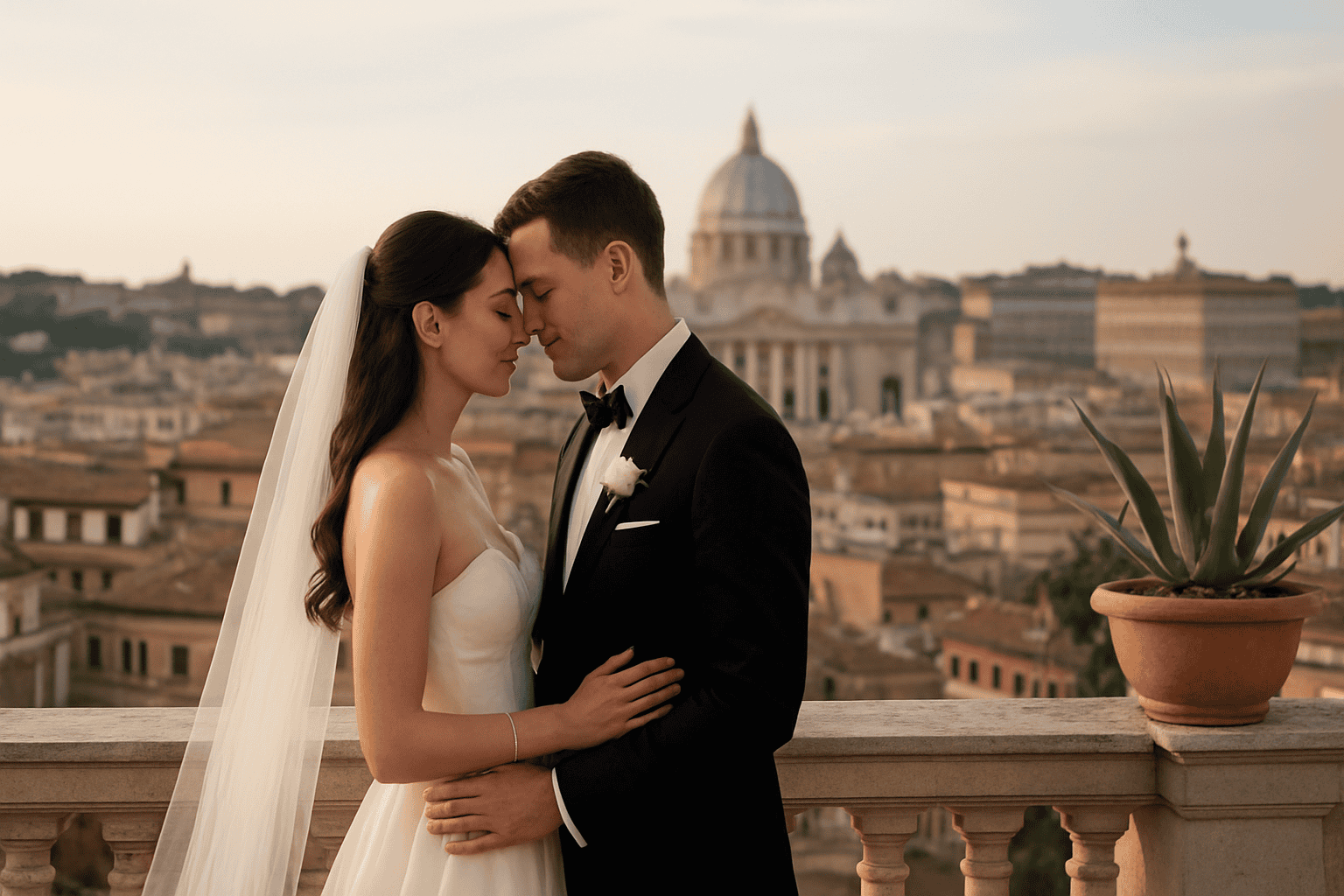 新郎新娘身着婚纱礼服，在罗马的历史中心与屋顶之间，享受浪漫的婚礼摄影服务，背景是罗马美景。