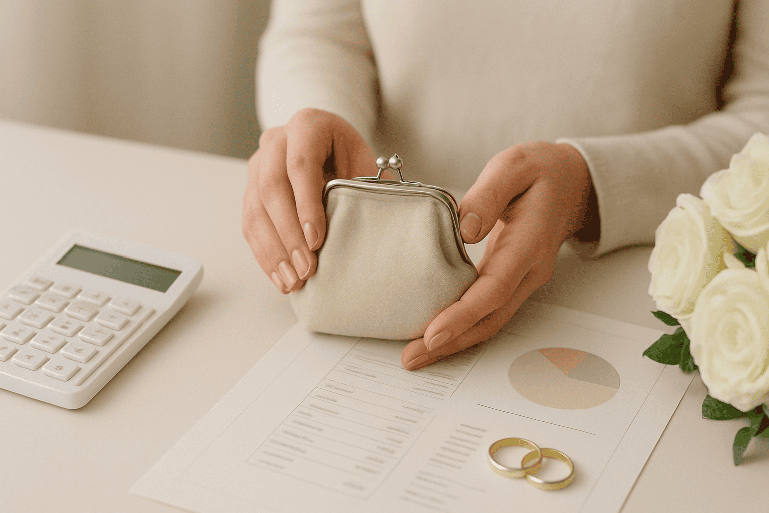 Kvinna som planerar en lyxig bröllopsbudget, med miniräknare, dokument och vigselringar, som framhäver vikten av noggrann hantering av kostnader mellan plats, catering och design.
