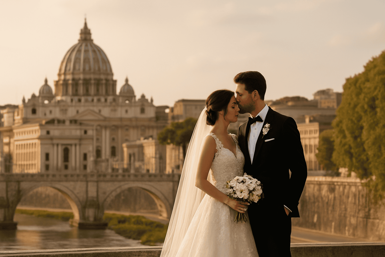 一对新人在罗马举行婚礼，背景是梵蒂冈，突出展示了ZTL管理和摄影及仪式的接送安排。