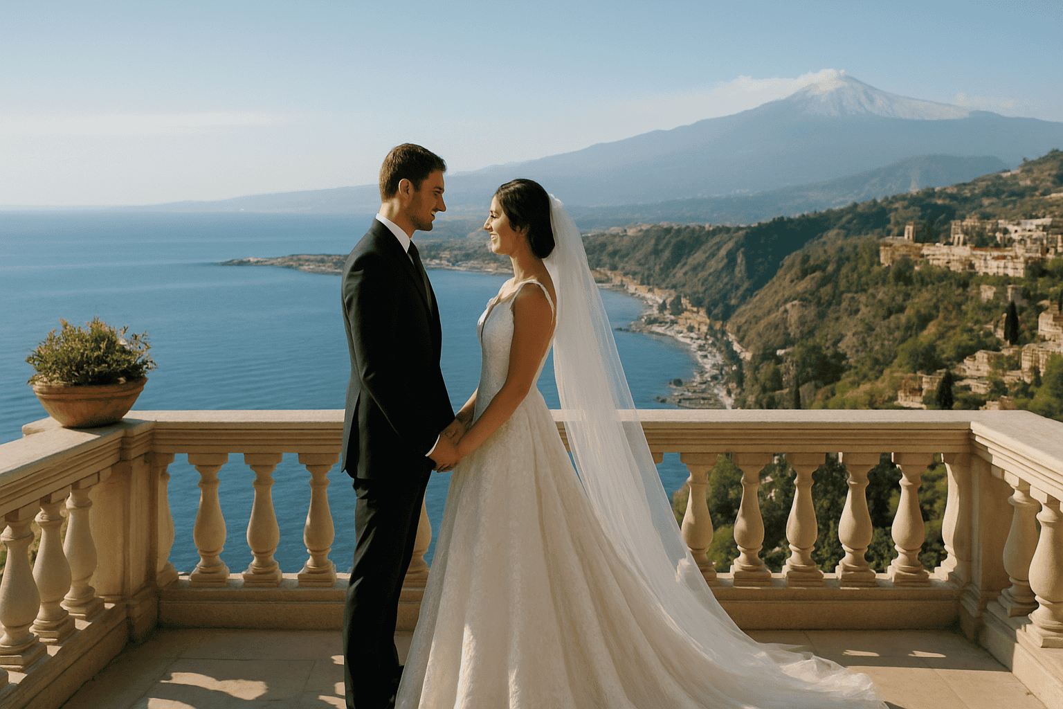 Esküvők Taorminában, panorámás kilátással a tengerre és az Etna vulkánra a háttérben, tökéletes egy romantikus és felejthetetlen esküvőhöz.