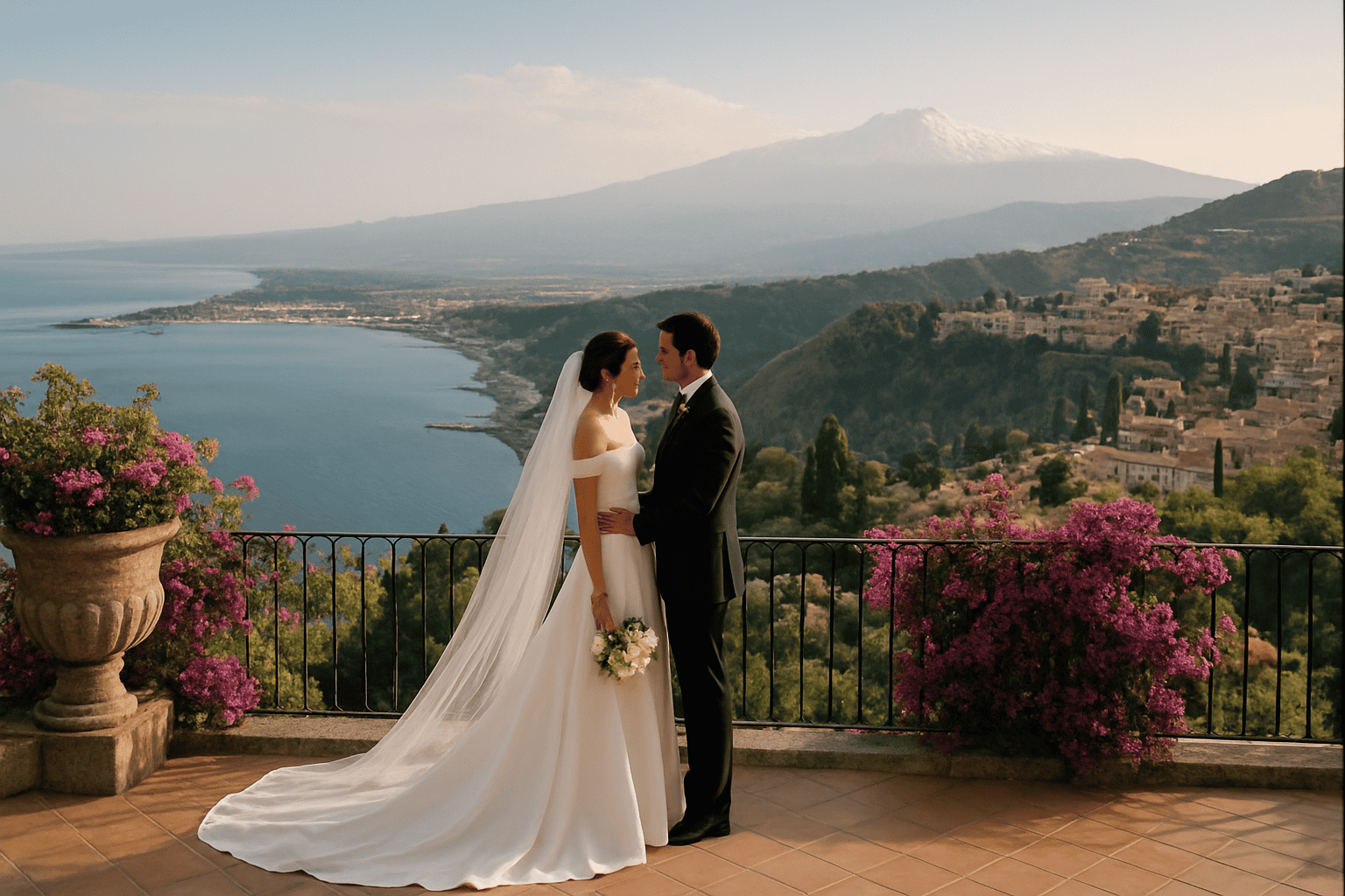Taorminai ifjú párok tengerre néző kilátással, egy varázslatos helyszínen, panorámás teraszokkal, bájos villákkal és 5 csillagos szállodákkal, tökéletes az emlékezetes esküvők számára.