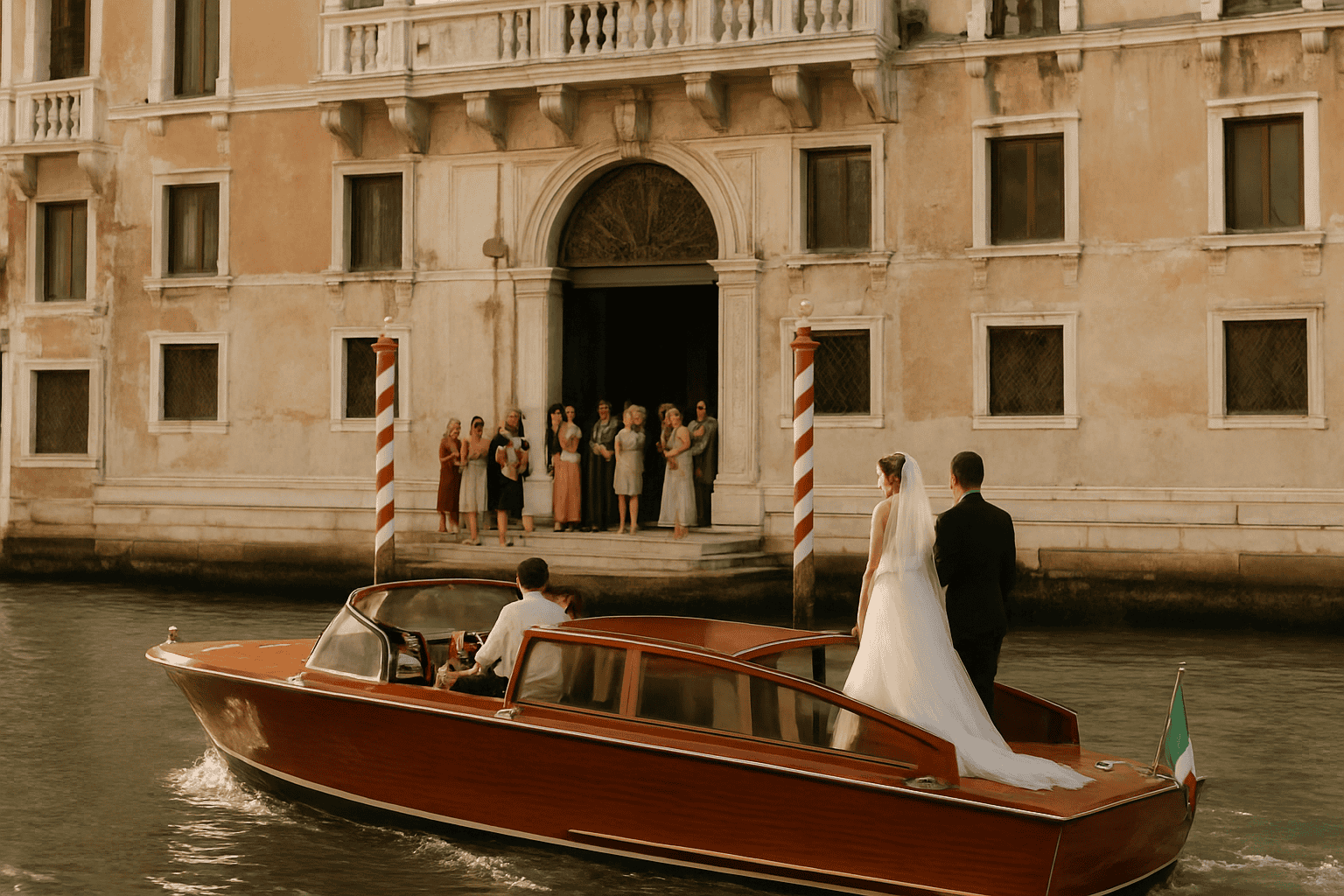 Para młoda na łodzi w Wenecji, z gośćmi na pokładzie, podczas eleganckiego i dobrze zorganizowanego ślubu, z perfekcyjnym zarządzaniem czasem i gośćmi.