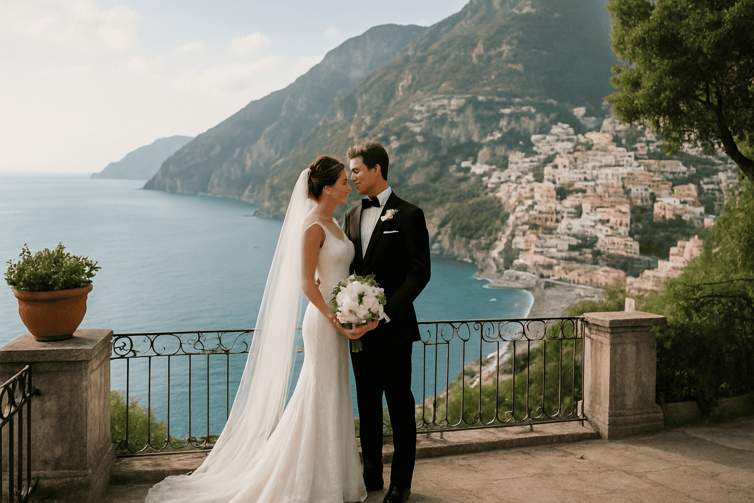 Brudpar på Amalfikusten med havsutsikt och hisnande landskap.