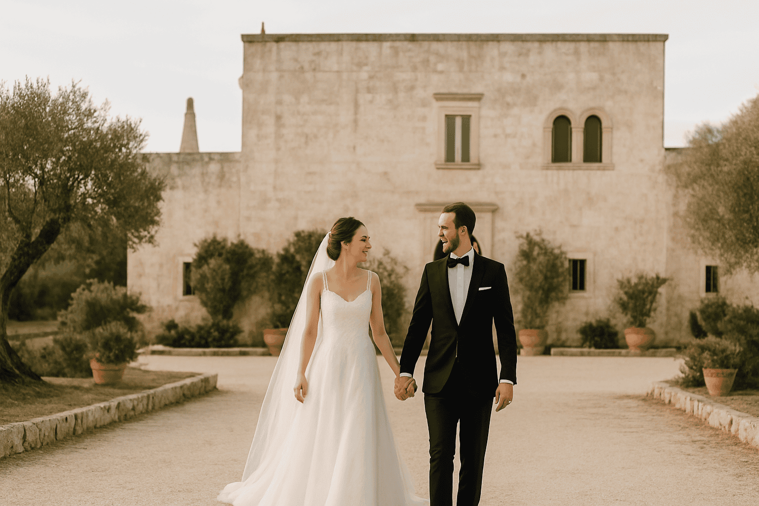 Boldog ifjú pár az esküvőn Pugliában, elegáns menyasszonyi ruhában és szmokingban, luxus masseria vagy történelmi lakhely környezetében, tökéletes egy felejthetetlen esküvőhöz.