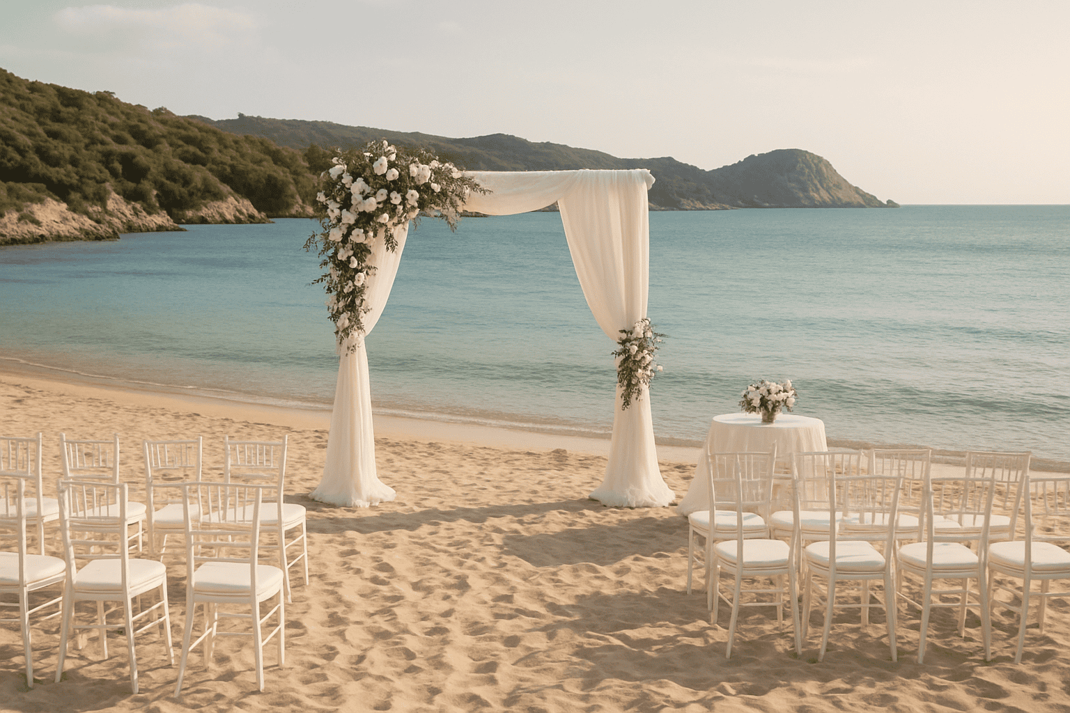 撒丁岛海滩婚礼场地，装饰有白色花卉的婚礼拱门，优雅的椅子和令人叹为观止的海景，是浪漫且独特婚礼的理想选择。