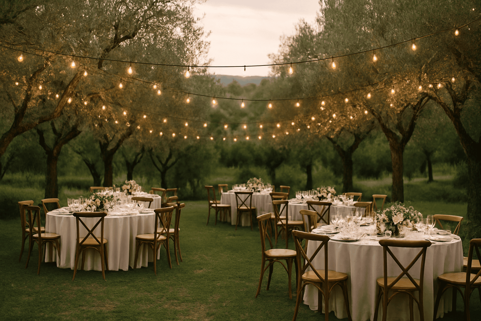 橄榄园中优雅布置的餐桌，柔和灯光和自然遮阴，完美适合浪漫难忘的晚宴。