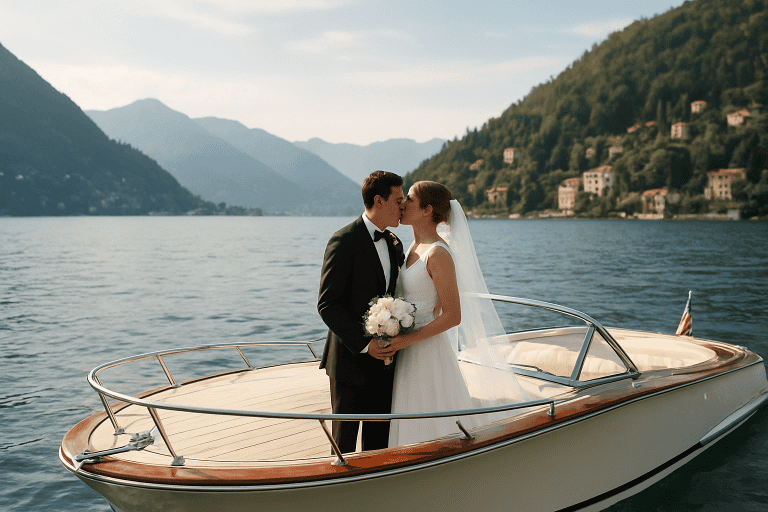Coppia di sposi in abiti eleganti si bacia su una barca sul Lago di Como, con montagne e case pittoresche sullo sfondo, durante un matrimonio romantico.