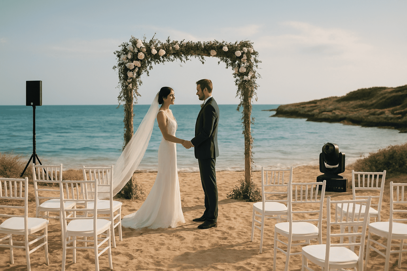 Հարսանեկան արարողություն Պուլիայի ծովափին՝ ծովի տեսարանով, քամիով, լույսերով և աուդիոյով, իդեալական անմոռանալի հարսանիքի համար։