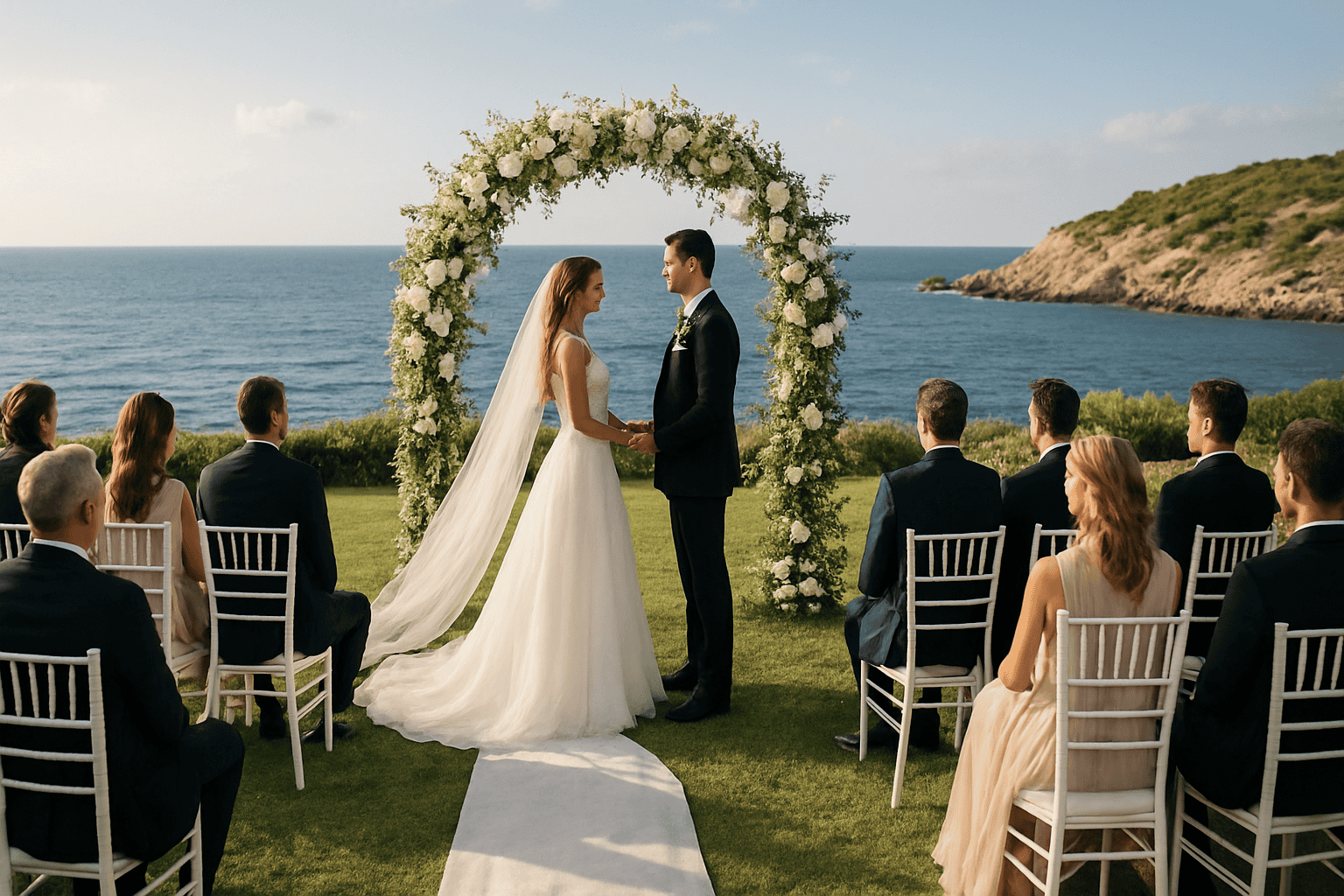 Ceremonia de boda con vista al mar en Sicilia con arcos florales, ambiente romántico, audio y confort para los invitados. Perfecto para bodas elegantes e inolvidables en la costa siciliana.