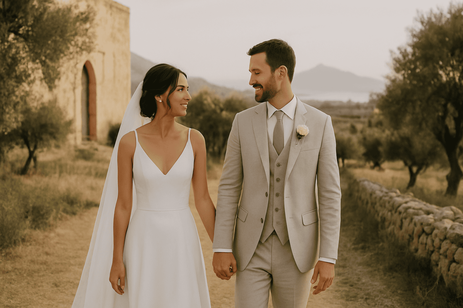 Boldog esküvői ruhás pár Szicíliában, vidéki tájban, természet és hagyományos építészet között, tökéletes egy exkluzív mikro-esküvőhöz.