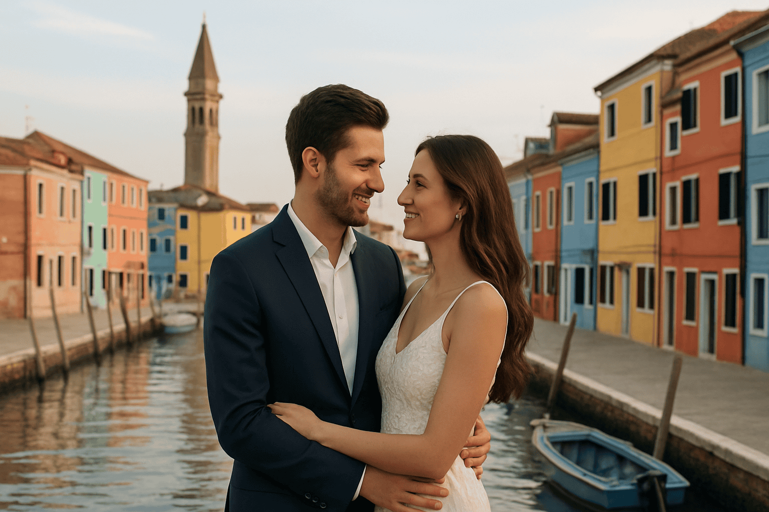 Boldog pár Muranóban és Buranóban, színes házakkal és csatornákkal, tökéletes egy romantikus és hangulatos esküvő előtti időszakhoz. Ideális üdvözlő túrához és aperitifhez.
