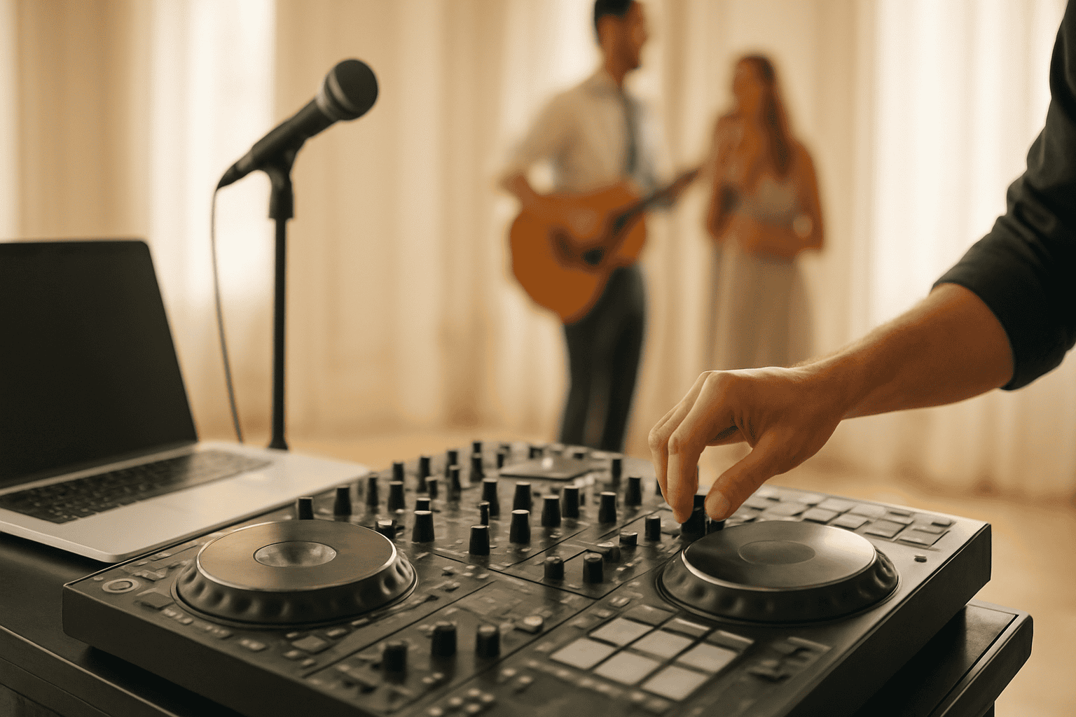 DJ që miksion muzikë live me bandë në një event, perfekt për dasma dhe festa, me pajisje profesionale dhe atmosferë tërheqëse.