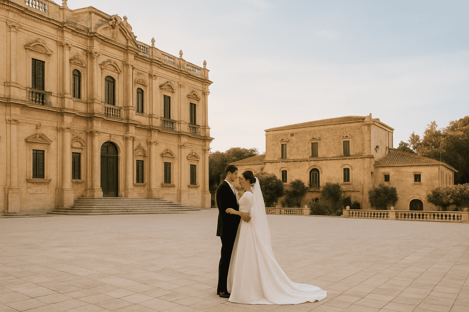 Elegáns ruhás ifjú pár csókolózik egy barokk palota előtt Notóban, Szicíliában, egy történelmi és hangulatos helyszínen tartott esküvőn.