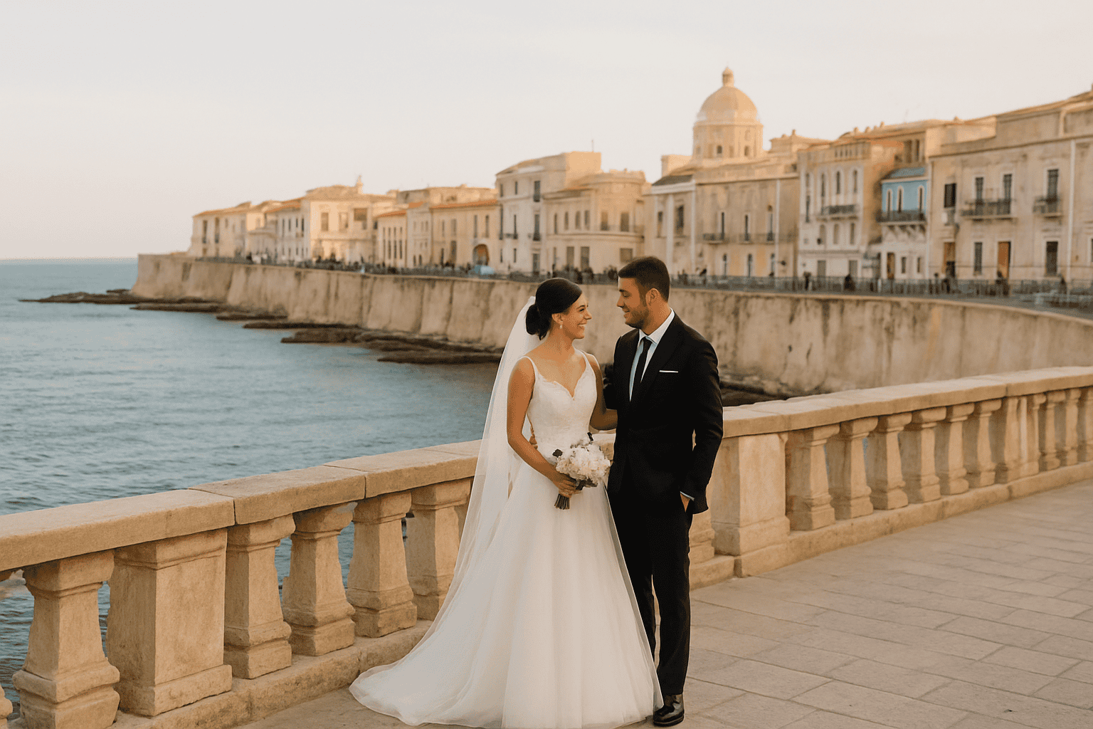 Couple de mariés en tenue de mariage sur la promenade d'Ortigia, avec vue sur la mer et les architectures historiques du centre historique de Syracuse en arrière-plan.