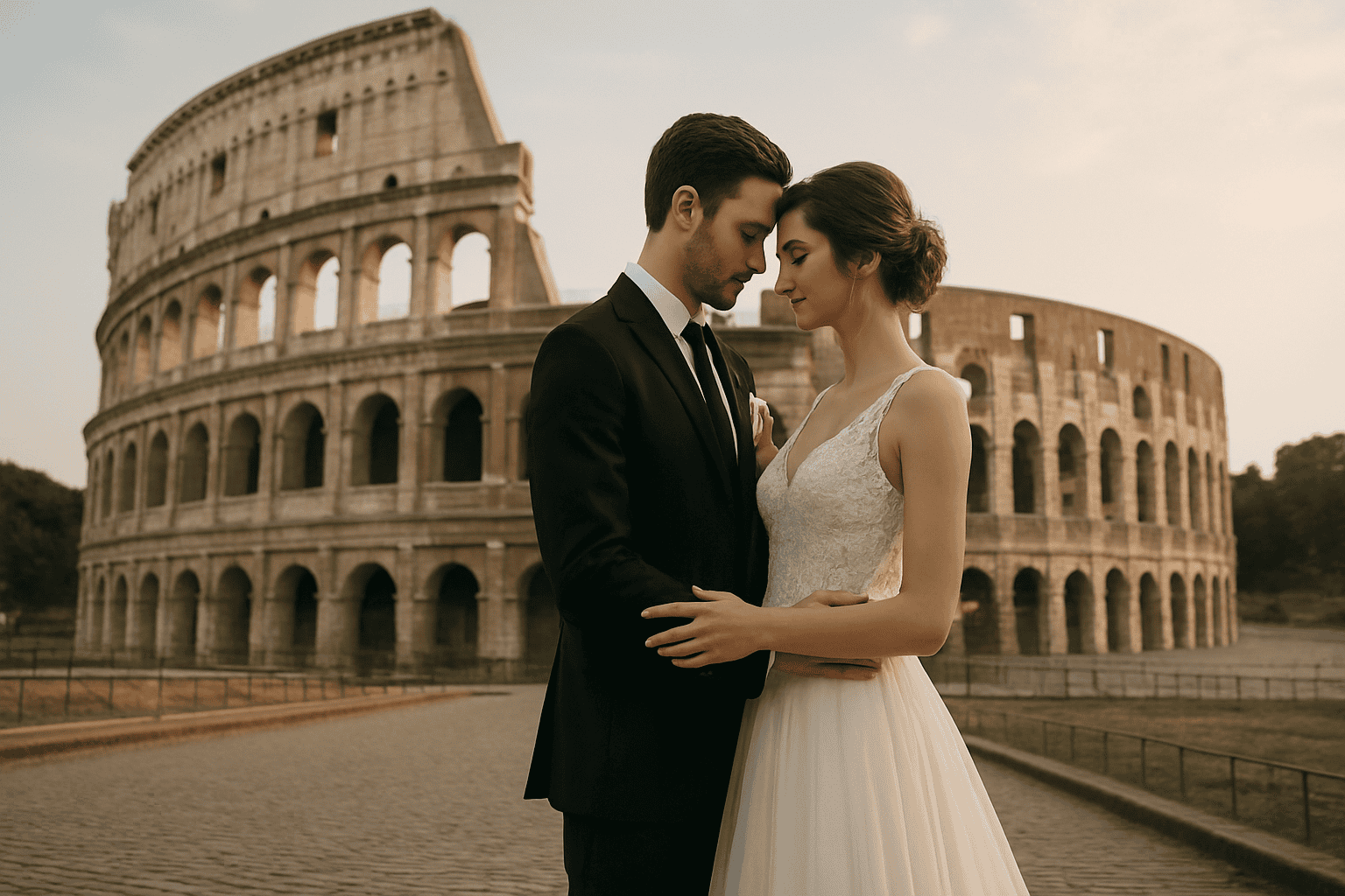 一对新人身穿优雅礼服，站在罗马斗兽场前，是在意大利首都举办标志性浪漫婚礼的完美场景。