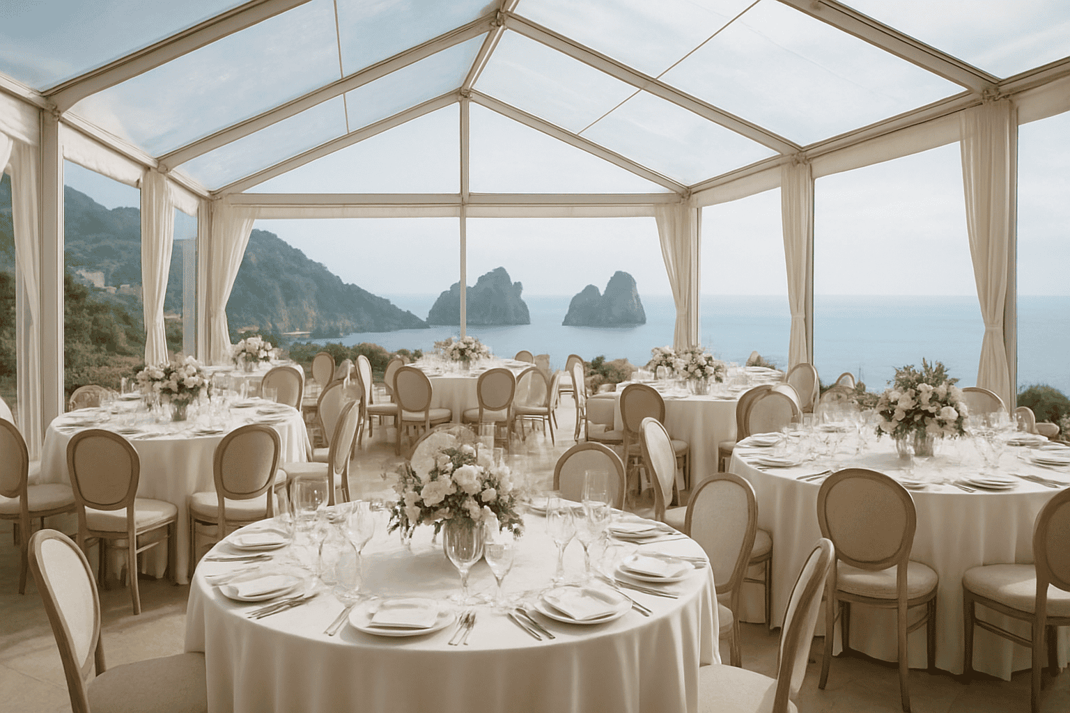 Elegánsan megterített asztalok fehér virágokkal és lenvászon terítőkkel, egy átlátszó épületben, amely lélegzetelállító kilátást nyújt Caprinak a tengerpartra, ideális kifinomult eseményekhez és esküvőkhöz.