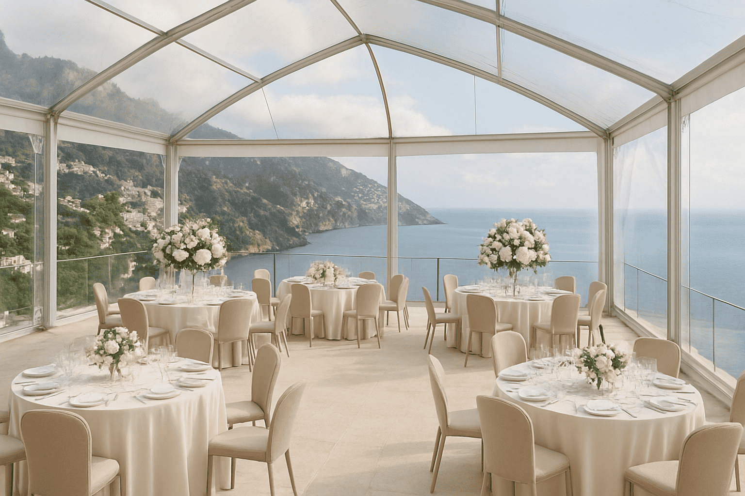 Transparenta tält och elegant miljö med havsutsikt för evenemang och bröllop på Costiera, idealiskt för ett chic och raffinerat bröllop med en hisnande kustutsikt.