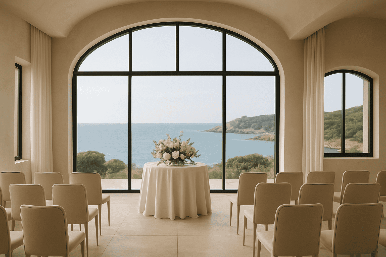 Inomhussal med stora fönster som erbjuder panoramautsikt över havet i Sardinien, perfekt för evenemang och bröllop inomhus utan att förlora det naturliga skådespelet.