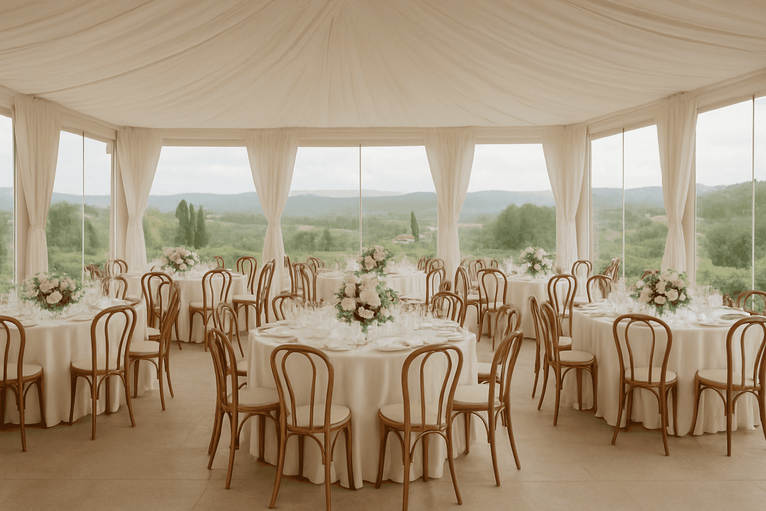 托斯卡纳优雅的帐篷结构，配备精致家具，非常适合户外婚礼和活动，在自然且富有魅力的环境中提供舒适与风格。