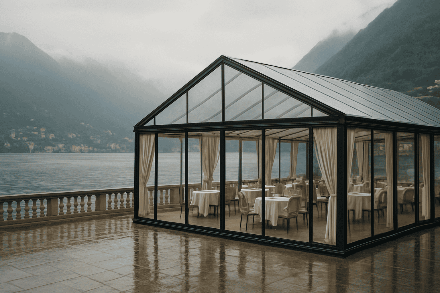 Gazebo de vidro no Lago de Como com vista panorâmica, ideal para casamentos e eventos ao ar livre, mesmo em caso de chuva, graças ao plano B indoor elegante e funcional.