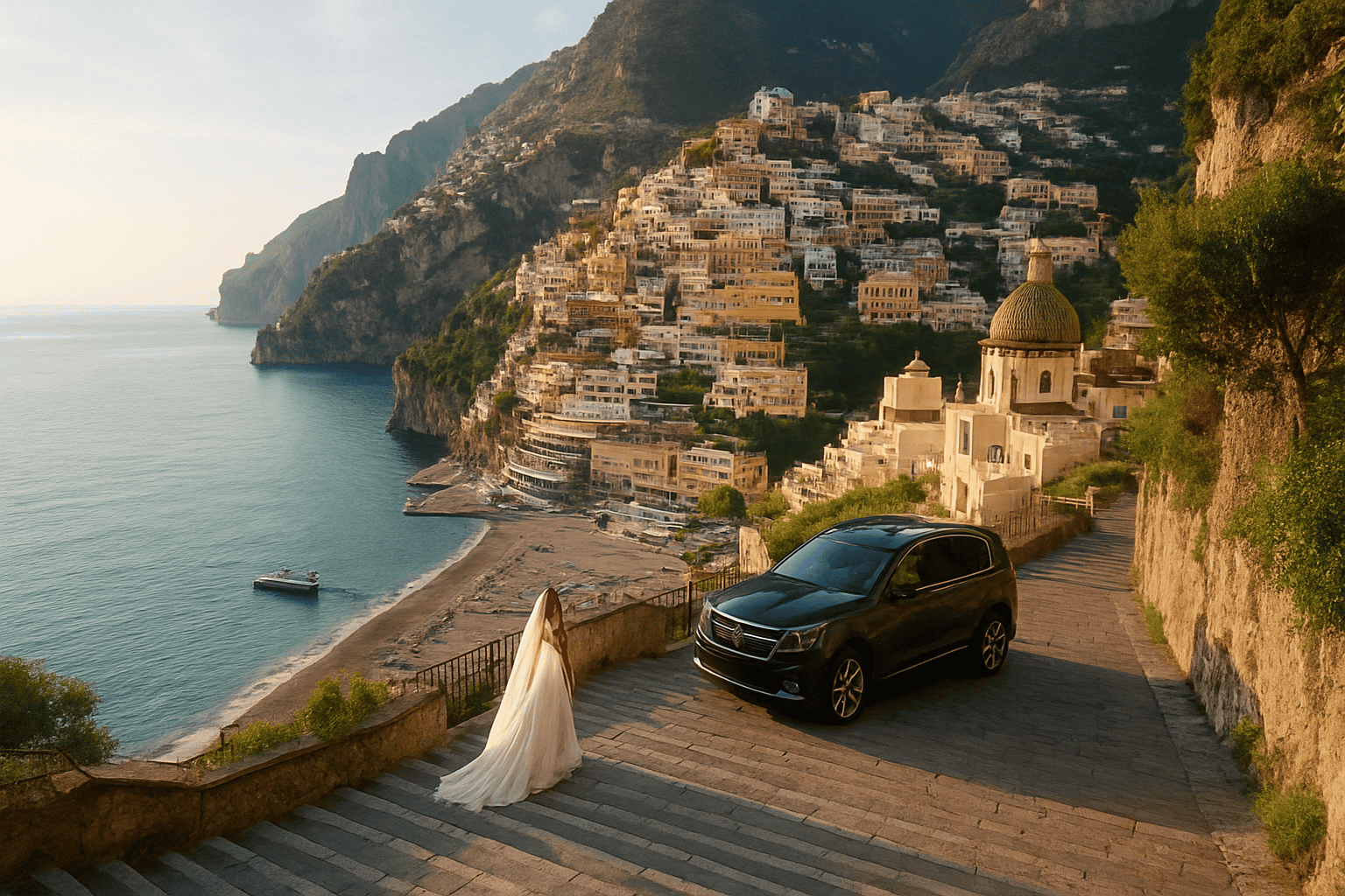 Kvinna i brudklänning som tittar ut över havet i Positano, med bil och färgglada hus i bakgrunden, under solnedgången.
