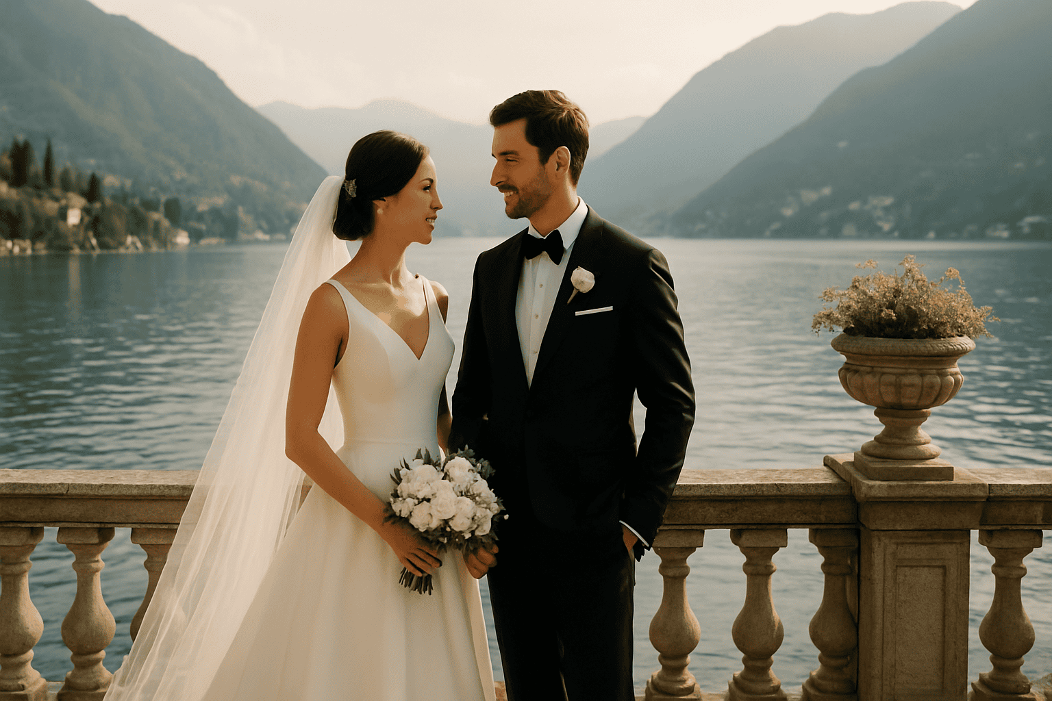 Een romantische bruiloft aan het Comomeer, georganiseerd door ChiaraB Events, met een gelukkig paar dat elkaar een glimlach toewerpt voor het meer en de bergen.