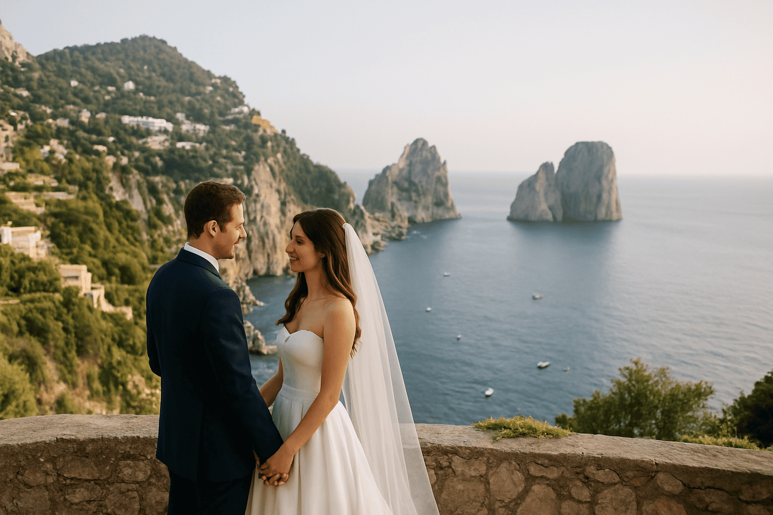 Esküvői pár Caprin tengerre néző kilátással, a romantika és a természetes szépség szimbóluma, tökéletes helyszín esküvők és különleges események számára.