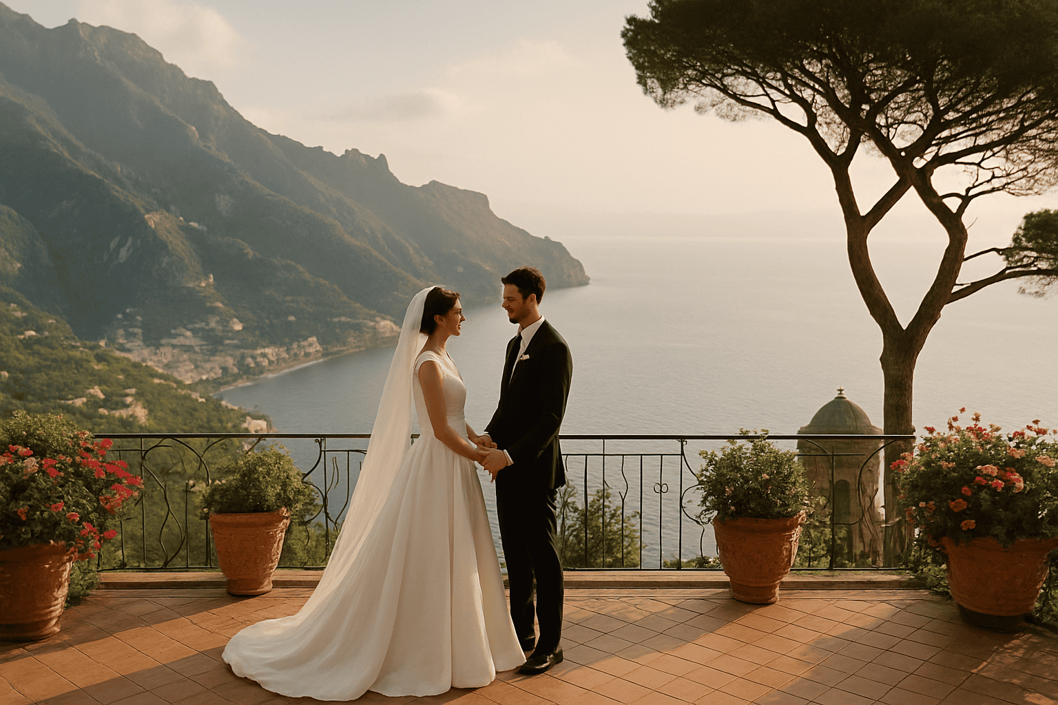 Romantiskt bröllop i Ravello med utsikt över terrasserna och havet, perfekt för ceremoni och middag. Exklusiv plats med hisnande landskap, idealisk för oförglömliga bröllop.