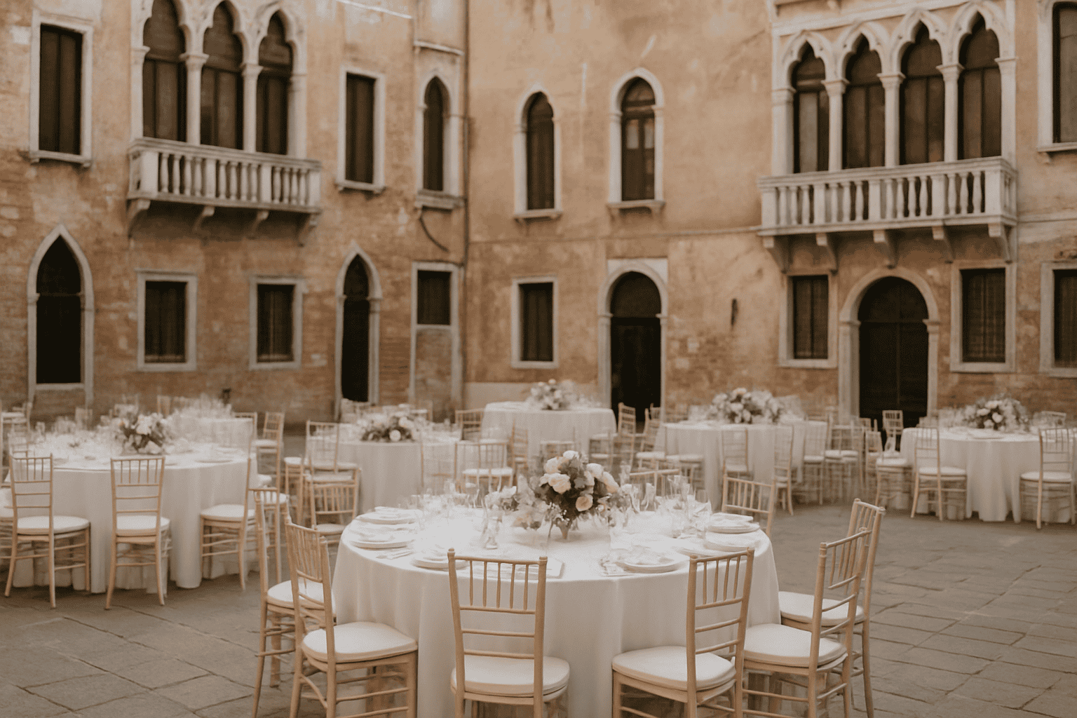 Bord dukade för bröllopsmottagning i ett historiskt venetianskt palats, med fina detaljer, blomsterdekorationer och romantisk atmosfär.