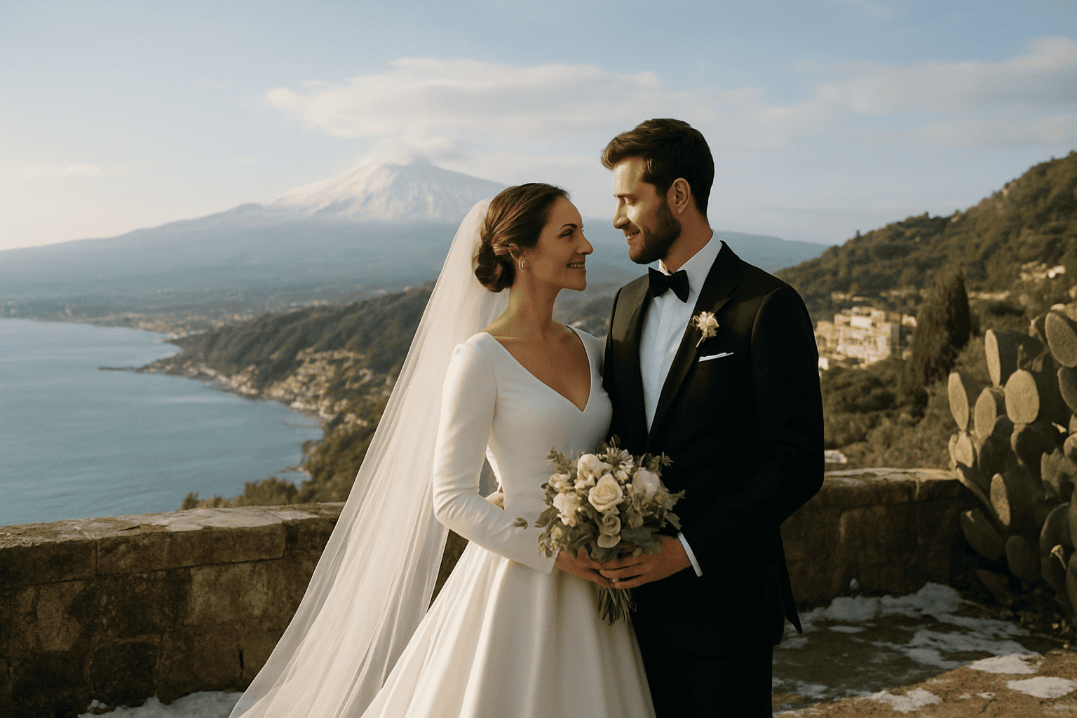 Novios felices en Sicilia con el volcán Etna de fondo, durante una boda invernal, con paisajes impresionantes y ambiente romántico.