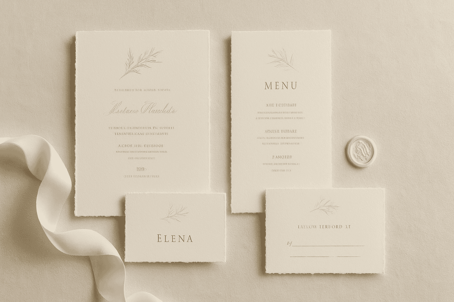 精致设计的奢华婚礼邀请函，搭配协调的菜单和座位卡，完美适合优雅高贵的婚礼。