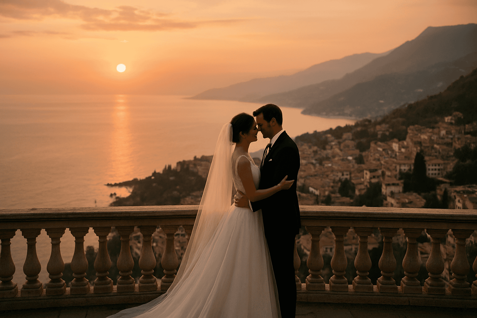 Romantikus esküvő naplementekor, kilátással Taorminára és a tengerre, tökéletes ceremóniához, aperitifhez és szerkesztőségi fotókhoz. Professzionális esküvőszervezési szolgáltatások Taorminában.