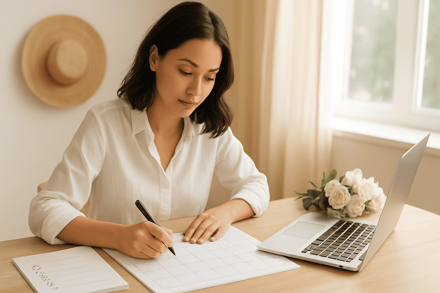 Kvinna som planerar bröllopet med en detaljerad tidslinje, sittande vid skrivbordet med laptop och blommor, för att organisera ett perfekt destination wedding.