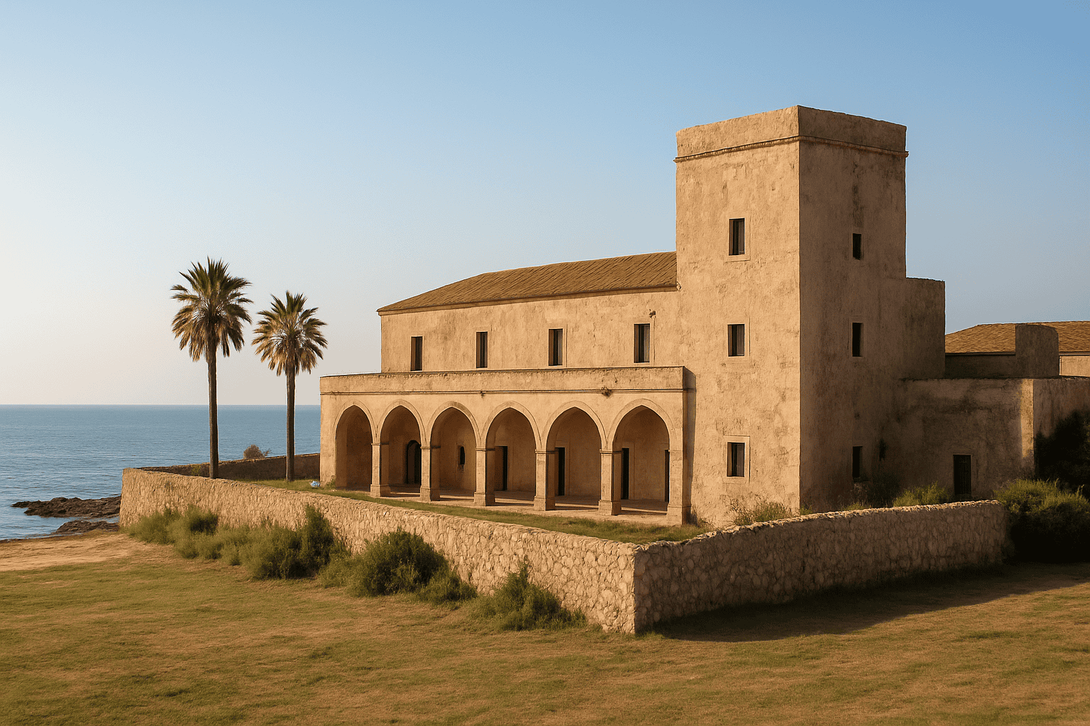 Antiguo baglio o tonnara en Sicilia, ideal para recepciones junto al mar con paisajes sugestivos y ambiente auténtico.