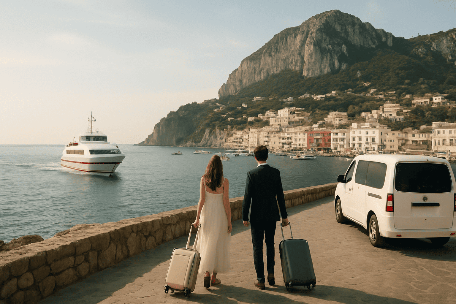 Pár bőröndökkel sétál Capri kikötője mentén, gyorshajókkal és hegyvidéki tájjal a háttérben.
