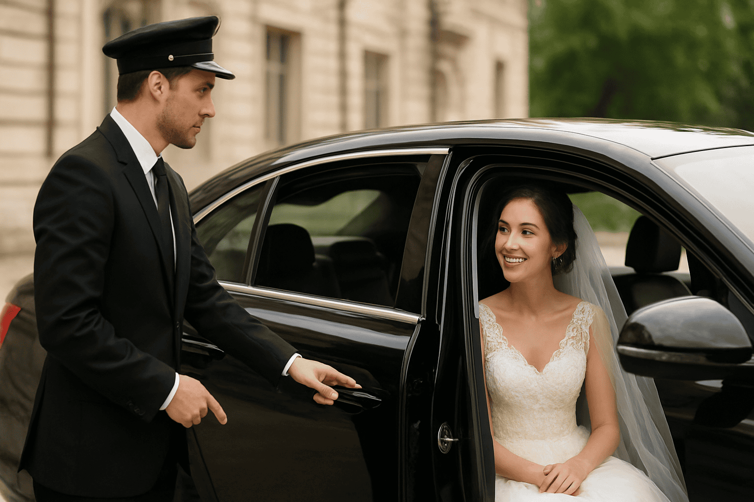 Sofőr, aki segít a menyasszonynak beszállni az autóba a vendégek esküvői szállítása során.