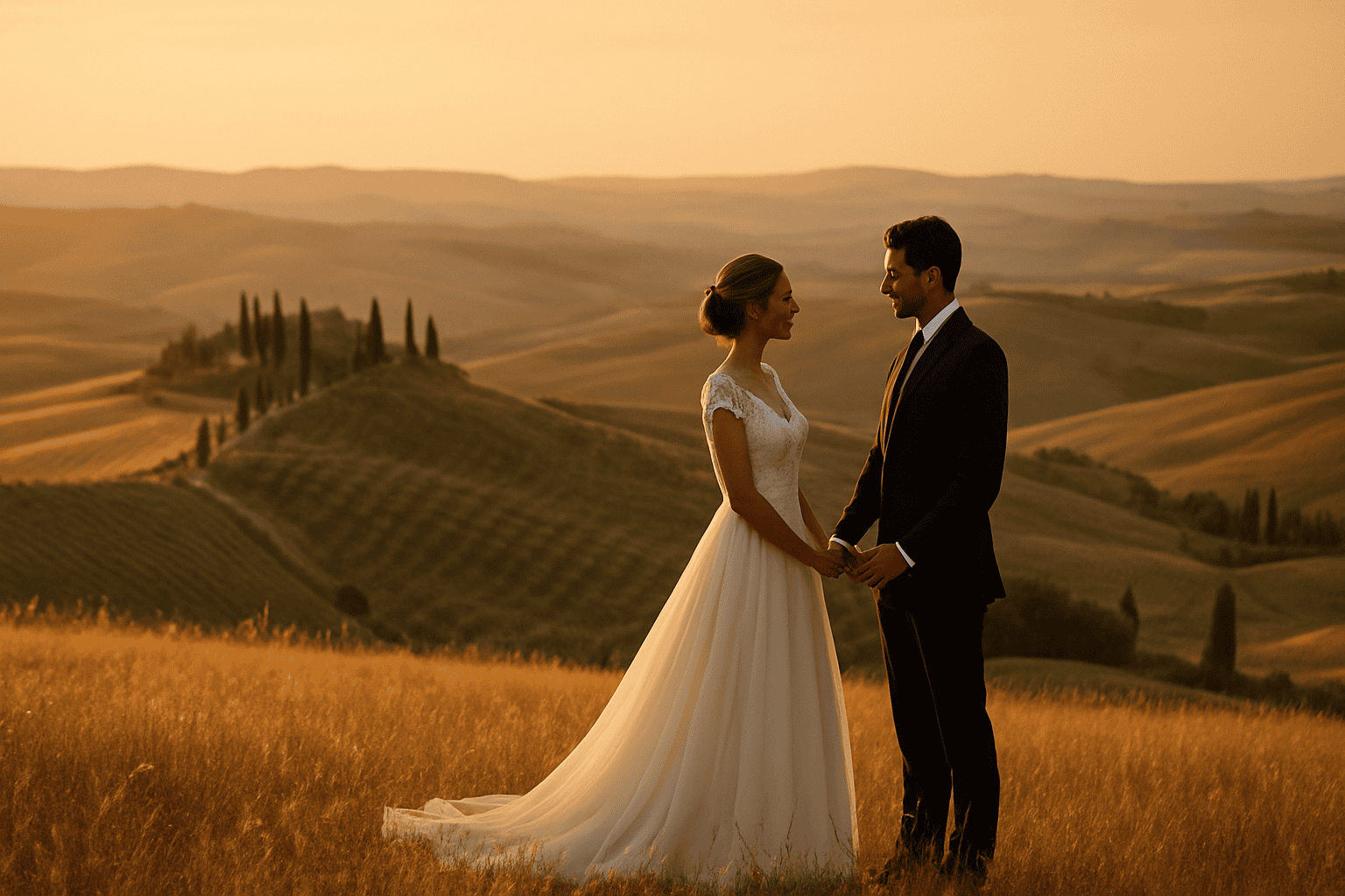 新婚夫妇在日落时分，标志性“黄金时刻”拍照地点。