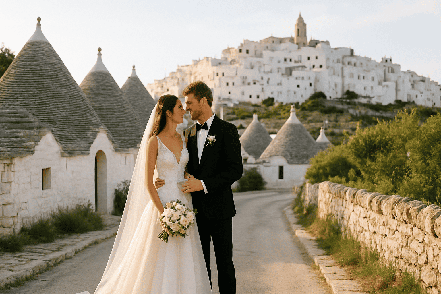 Esküvői ruhás ifjú pár a Valle d’Itriában, háttérben trullikkal és masseriékkel, tökéletes helyszín egy romantikus esküvőhöz fehér falvak és természet között.