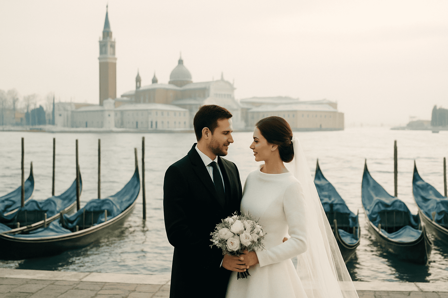 Zimowy ślub w Wenecji z parą młodą, gondolami i historycznym krajobrazem. Idealny na wyrafinowany i romantyczny ślub docelowy.