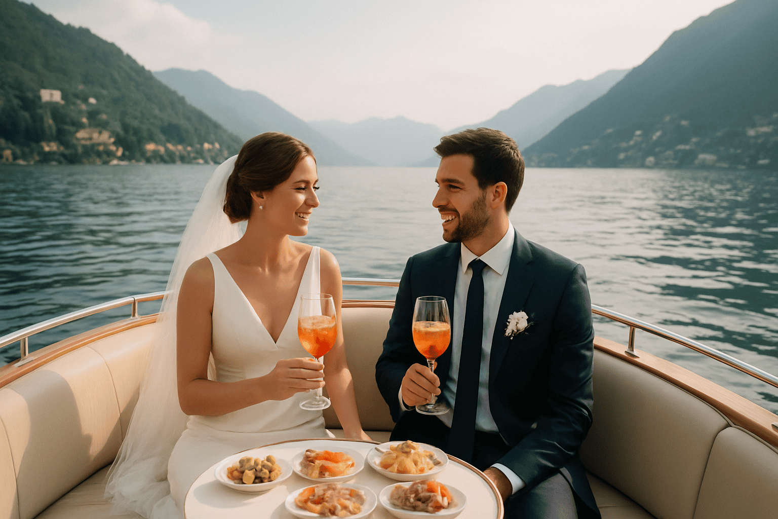 कोमो झील पर नौकायन के दौरान एपरिटिफ़ में कॉकटेल के साथ जश्न मनाते खुश जोड़े, पृष्ठभूमि में पहाड़ी दृश्य।