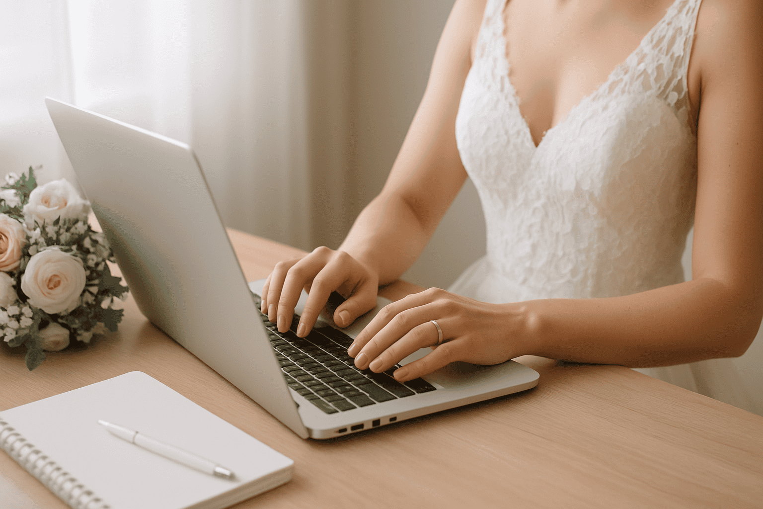 Nő menyasszonyi ruhában laptopon dolgozik, a tökéletes esküvőszervezés és tervezés szimbóluma.