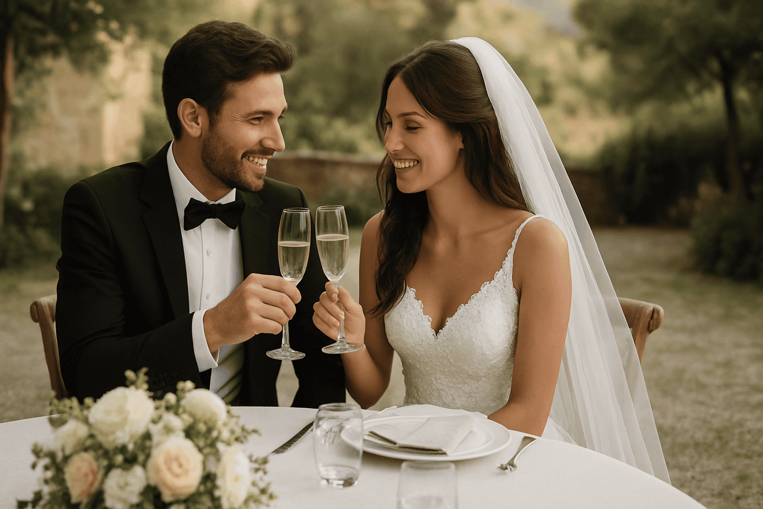 Coppia di sposi felici che brindano con champagne durante il matrimonio all'aperto, immersi in un ambiente naturale e romantico.