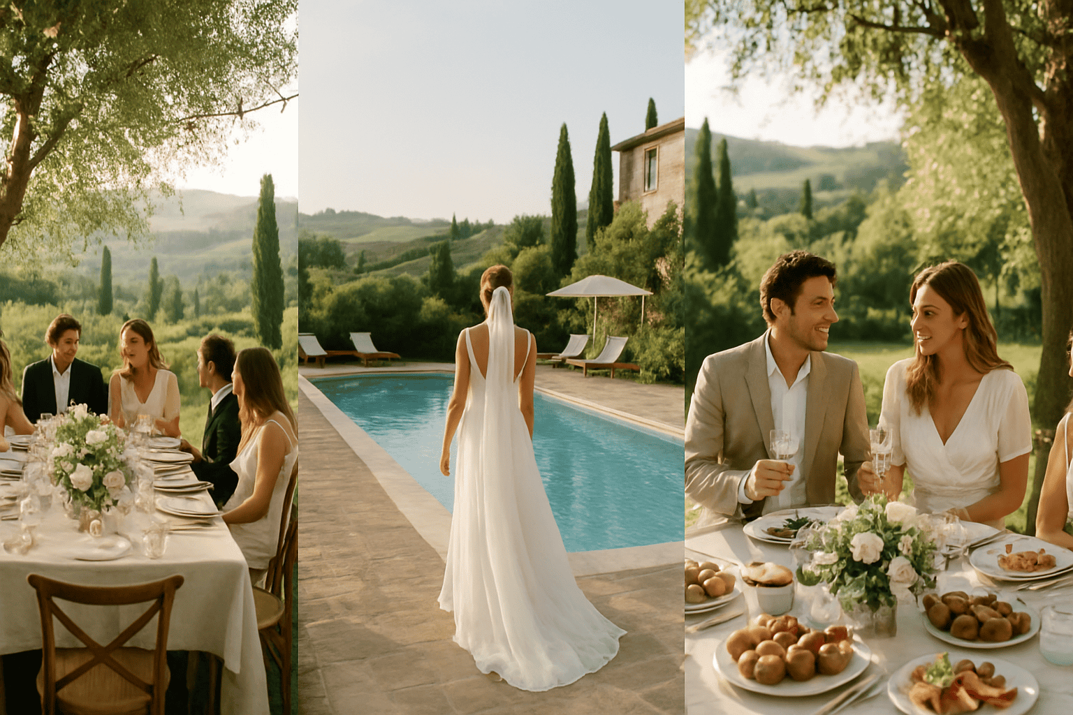 托斯卡纳婚礼的图片，户外晚宴、泳池和新人之间的祝酒，沉浸在托斯卡纳丘陵和柏树的风景中。
