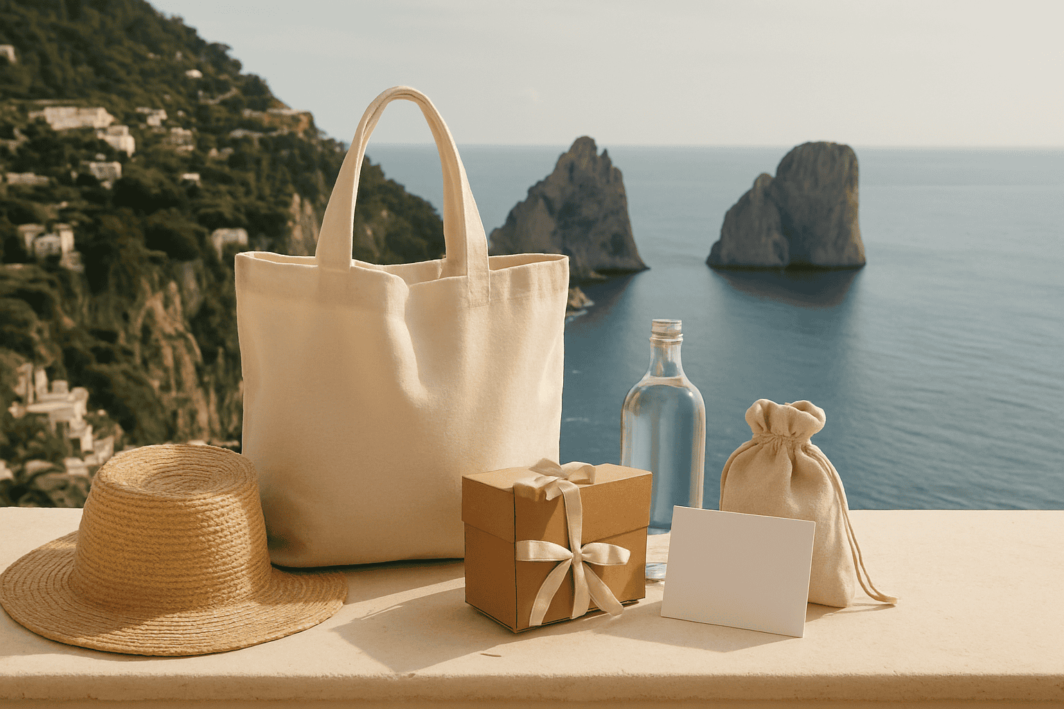 Presentpåse för gäster på Capri med sommartillbehör, perfekt för att anpassa välkomstpåsen och överraska gästerna under bröllop eller evenemang.