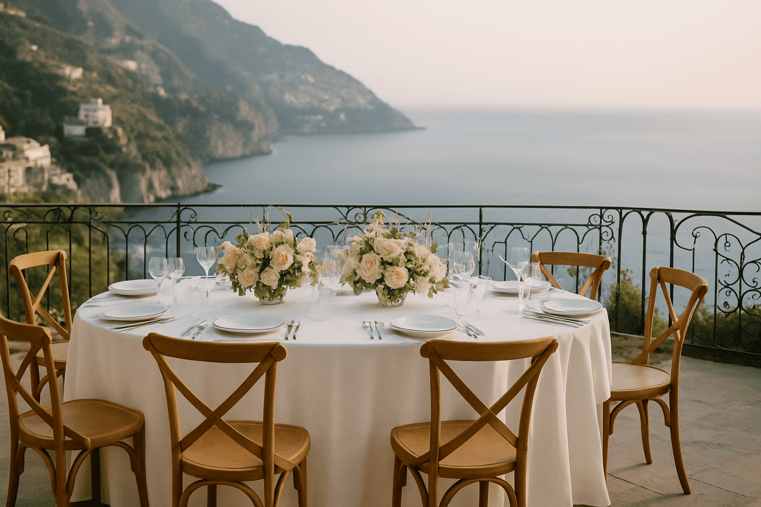 Բացօթյա սեղան՝ Կոստիերա Ամալֆիտանայի տեսարանով, զարդարված նրբագեղ ծաղիկներով, կատարյալ նախահարսանեկան բարի գալուստ ընթրիքի համար։