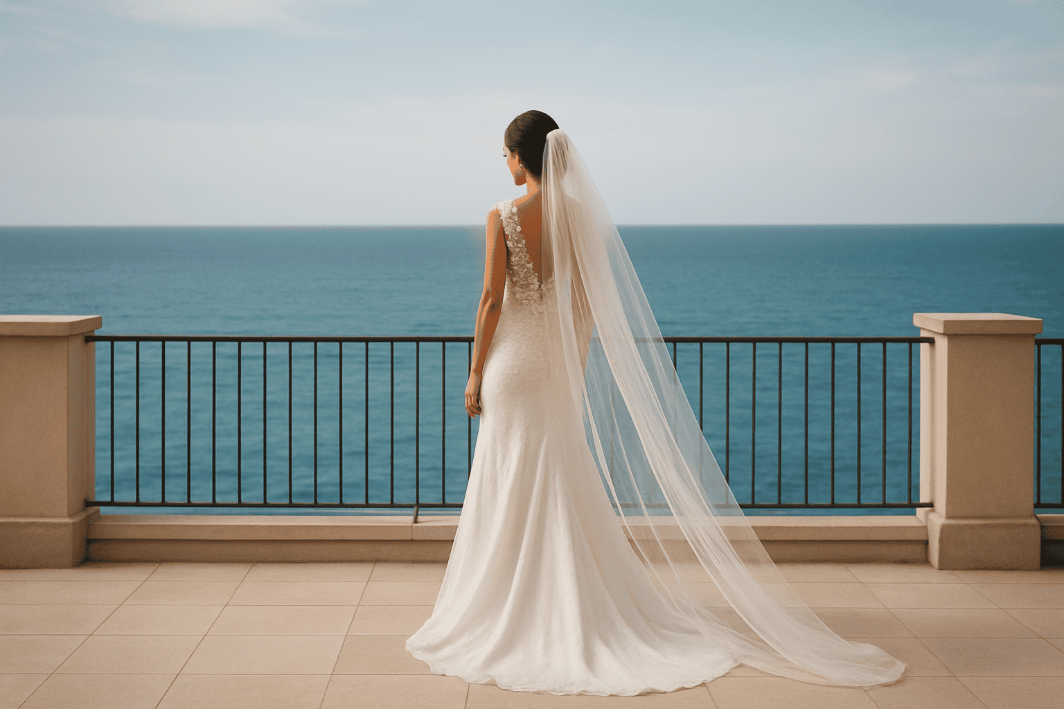 Novia con vestido de boda con vista panorámica al mar, perfecta para bodas románticas y refinadas. Servicios de wedding planning especializados en ubicaciones con vista al mar, para un evento inolvidable.