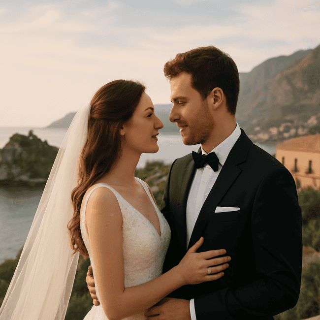 Matrimonio romantico tra sposi con vista mare e paesaggi siciliani, perfetto per un matrimonio indimenticabile. Location da sogno per celebrare l’amore in Sicilia.