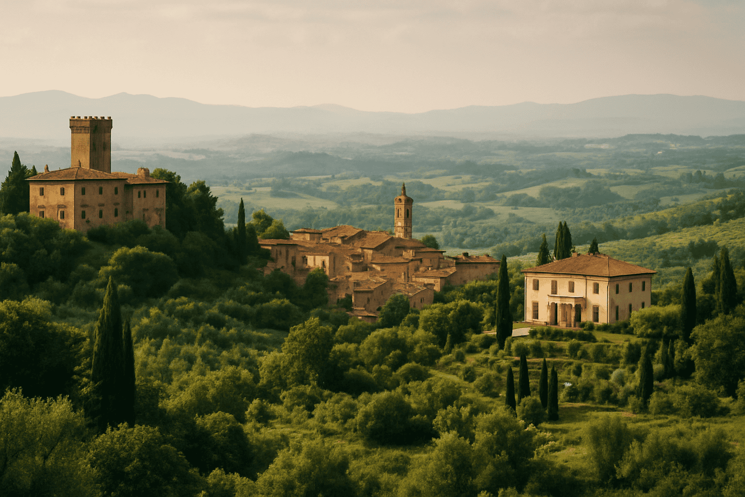Castillo, villa y pueblo en Toscana inmersos en el paisaje de colinas, ideales para bodas y eventos exclusivos, con opciones de presupuesto y logística personalizadas.