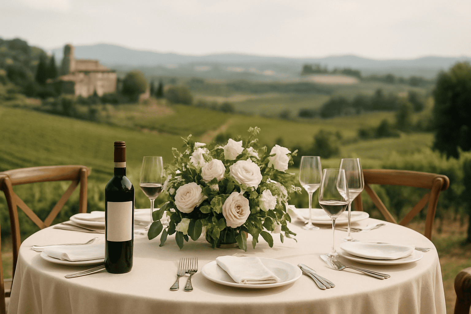 Mesa al aire libre en Toscana con vista a las colinas, decorada con un centro de mesa de rosas blancas, botella de vino y copas listas para una boda con maridaje de vinos.