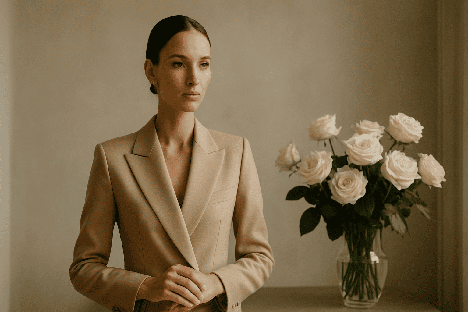 Donna elegante in abito beige con bouquet di rose bianche, ambientazione raffinata, perfetta per eventi fashion luxury.
